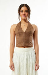 Your Favorite Paisley Faux Suede Hook-And-Eye Halter Top