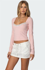 Edikted Morgyn Lace Trim Ribbed Top