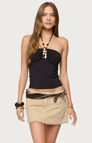 Edikted Carmel Bead Ruched Halter Top