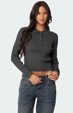 Edikted Mollie Collared Ribbed Knit Top