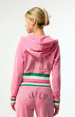 Juicy Couture Pink Velour Striped Corset Cropped Track Jacket