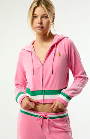 Juicy Couture Pink Velour Striped Corset Cropped Track Jacket