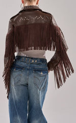 AZALEA WANG Reece Brown Western Fringe Faux Leather Jacket