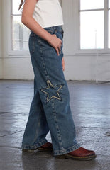 Pacsun Kids Baggy Jeans Distressed Star Patch Medium Blue