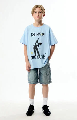 Pacsun Kids Extreme Baggy Denim Shorts Cargo Medium Blue Tint