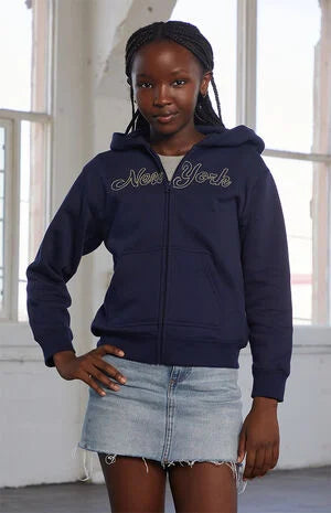 Pacsun Kids Navy New York Embroidered Full Zip Hoodie