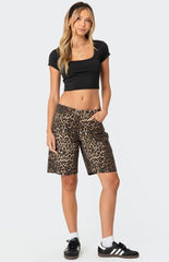 Edikted Leopard Low Rise Denim Bermuda Shorts