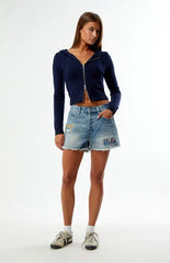 HYPE & VICE UCLA Bruins High Waisted Relaxed Patched Denim Shorts