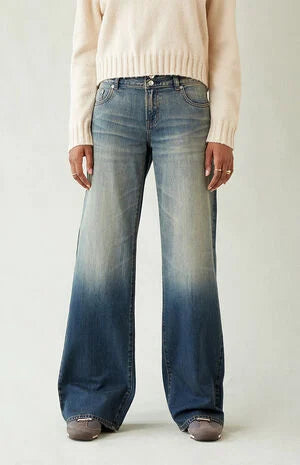 Pacsun Casey Low Rise Baggy Jeans Button Pocket Dark Blue Tinted