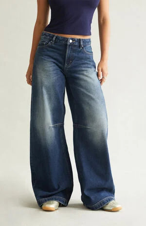 Pacsun Remi Baggy Barrel Jeans Knee Dart Dark Blue
