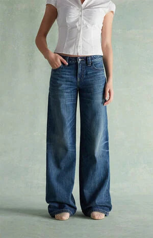 RARE DNM EDIT Light Blue Rhinestone Button Pocket Low Rise Baggy Jeans