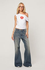 ABRAND Amalie Dark Indigo Low Rise Flare Baggy Jeans