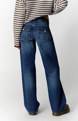 Pacsun Casey Low Rise Baggy Jeans Button Flap Pocket Dark Blue
