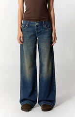 Pacsun Kaia Ultimate Low Rise Baggy Jeans Button Pocket Tint Dark Blue