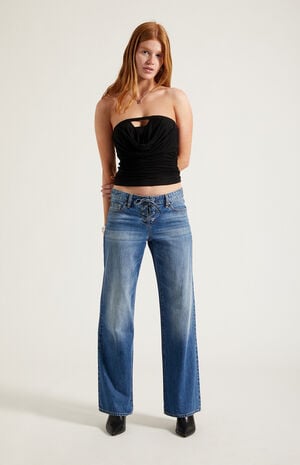 Pacsun Zoe Low Rise Girlfriend Jeans Lace-Up Medium Blue