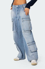 Edikted Tara Low Rise Denim Cargo Jeans