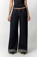 Pacsun Sloane Low Rise Ultra Baggy Jeans Plaid Roll Cuff Dark Blue