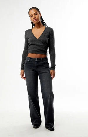 Pacsun Casey Low Rise Baggy Jeans Tonal Plaid Washed Black