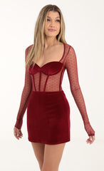 Dotted Mesh Long Sleeve Cutout Dress in Red