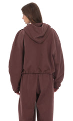 Cropped Fleece Zip-Up Hoodie in Brown