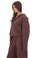Cropped Fleece Zip-Up Hoodie in Brown