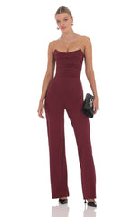 Strapless Pointed Corset Jumpsuit in Burgundy
