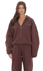 Cropped Fleece Zip-Up Hoodie in Brown