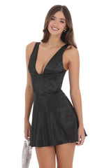 Satin V-Neck Corset Dress in Black