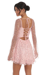 Sequin Flare Long Sleeve Dress in Pink