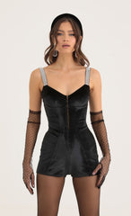 Velvet Shimmer Hook and Eye Romper in Black